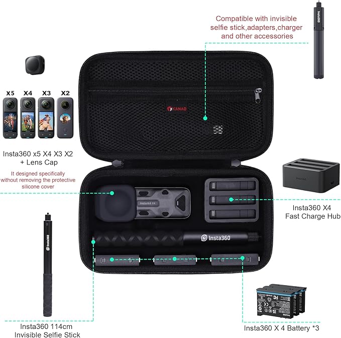 XANAD Hard Case for Insta360 X5/X4/X3/X2 Waterproof 8K 360 Action Camera,114CM Selfie Stick- Storage Carrying Bag(Black)