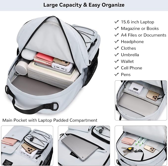 Lohol Casual Backpack for Teen Boys Girls, Water Resistant Daypack with Anti Theft Pocket for Travel School (Grey)