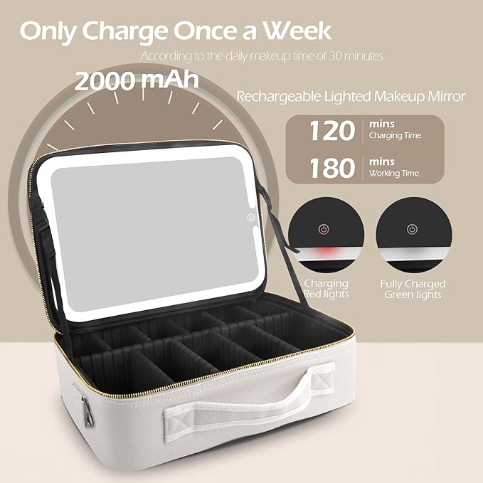 MOMIRA Travel Makeup Bag Cosmetic Bag Makeup Organizer Bag with Lighted Mirror, Adjustable Brightness in 3 Color Scenarios, Waterproof Makeup Train Case, Gift for Women - Khaki (Large)