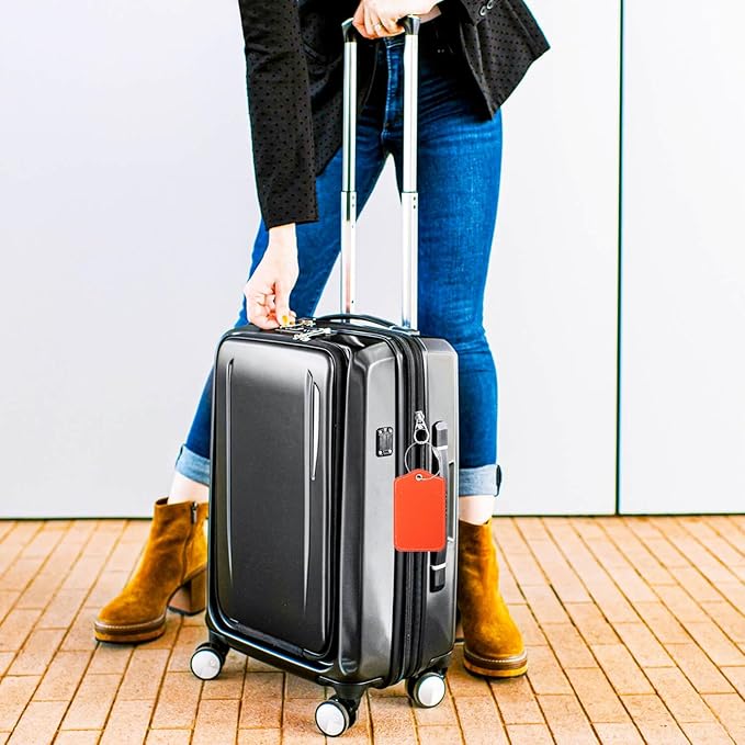Luggage Tags for Suitcases-Leather Luggage Tag 4 Pack with Loops Cute Bag/Backpack/Suitcase Tags Travel Essentials for Flying (Orange)