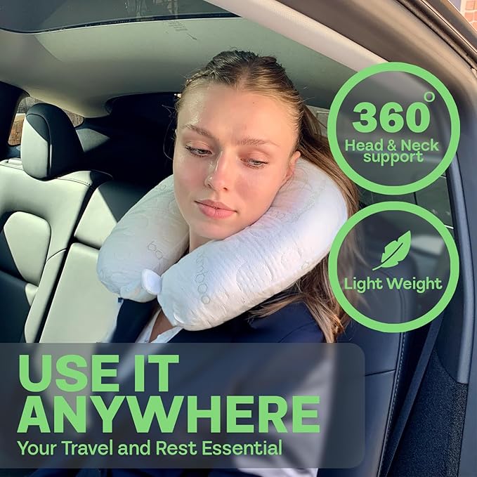 Sacred Thread White Rayon Derived from Bamboo Neck Pillow, Travel Pillows for Airplanes, Best Rated Travel Pillows with Cooling Memory Foam, Neck Pillows for Sleeping Travel, Airplane Headrest Pillow