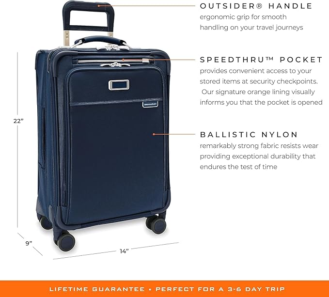 Briggs & Riley Essential 22" Carry On Expandable Spinner - Luggage for Travel, Suitcases with Wheels, Softside Rolling Bag for Men & Women, Self-Repairing Zipper - Baseline Collection, Navy