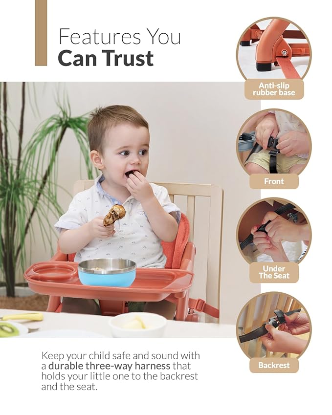 Feed Me 3-in-1 Travel High Chair Booster Seat for Infants and Toddlers - Transitional, Compact & Fits Any Chair, Swivel Tray, Pumpkin Orange