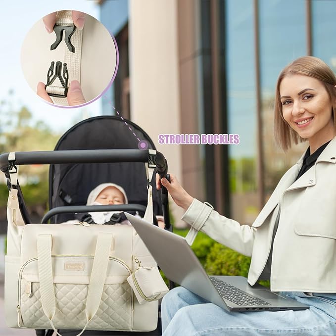 Tuwubi Diaper Bag Tote,Baby Diaper Bag with Pacifier Case Large Travel Diaper Tote Caddy for Mom and Dad Multifunction Large Baby Bag - M-White