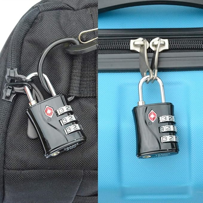 ZHEGE Luggage Locks TSA Approved, Small Padlock for Travel, Suitcase, Backpack, Laptop Bag and Handbag-Easy to Set with Alloy Body (Black)