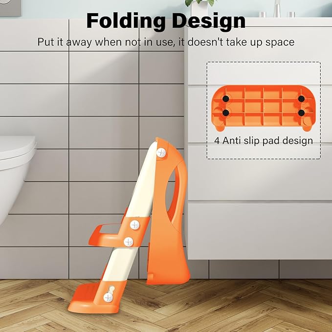 Potty Training Seat with Step Stool Ladder, Adjustable Foldable Potty Seat for Toilet with Anti-Slip Pads Ladder for Kids Boys Girls Toddlers - Orange
