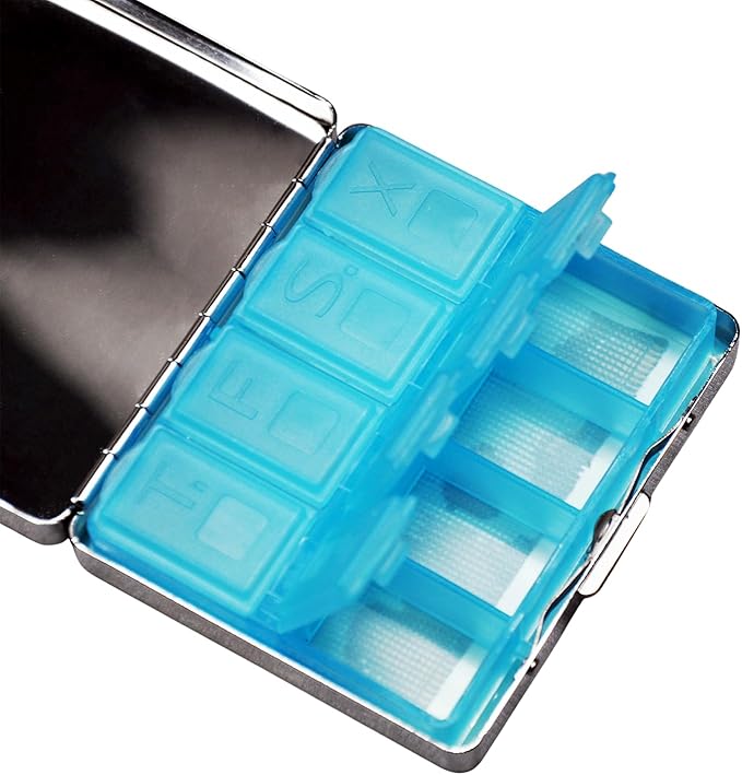 Cute and Portable Metal Pill Organizer – 8 Compartments, Elegant Chrome Finish, Ideal for Travel and Daily Use (Vintage Poison)