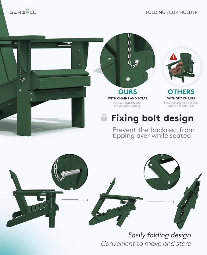 SERWALL Adirondack Chair with Cup Holders - Composite Adirondack Chairs HDPE Outdoor Chairs All Weather Use- Green