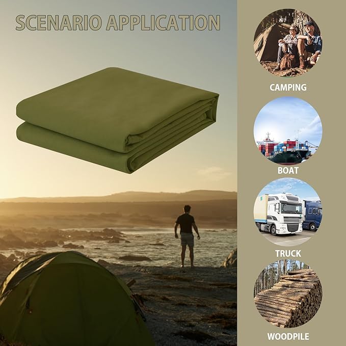 FoundGo Canvas Tarp 20x30ft Heavy Duty Waterresistant Tarps with Grommets, UV Resistant, 22 Mil Tarpaulin,14 oz Durable Cloth Covers for Car, Roof, Boat, Camp, Canopy, Woodpile with Ropes-Moss
