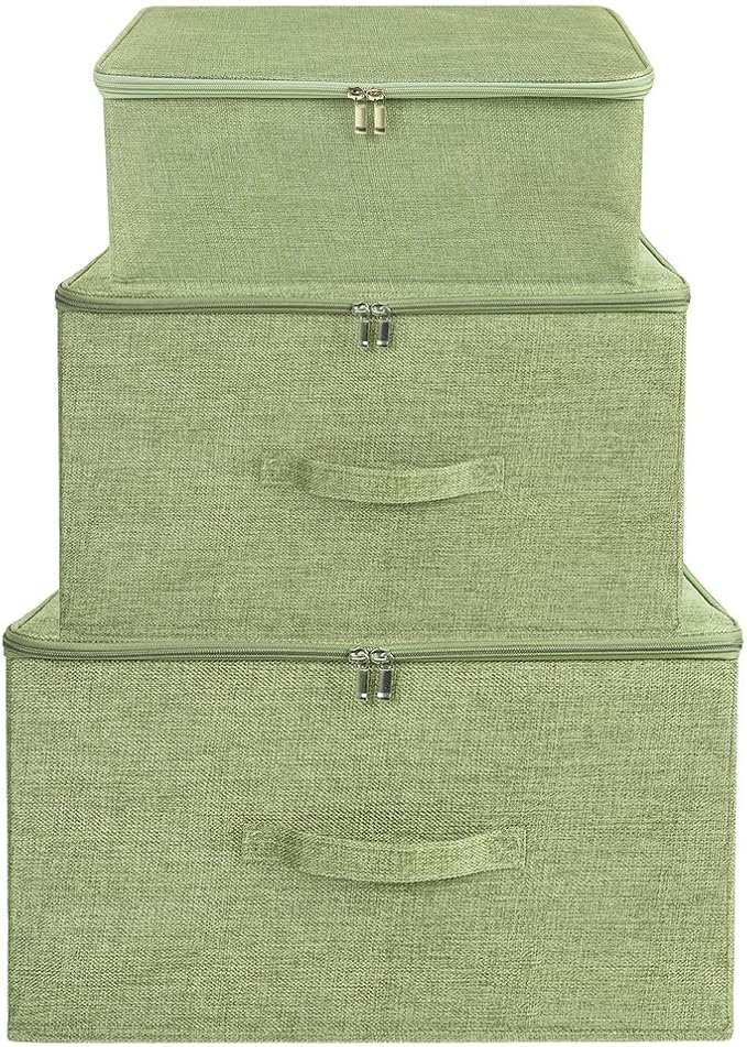 ANMINY Storage Bins with Zipper Lids 51.9 Qt Lidded Fabric Storage Boxes Baskets Cubes with Handles Collapsible Washable Cotton Linen Closet Shelf Clothes Organizer - Green, Extra Large