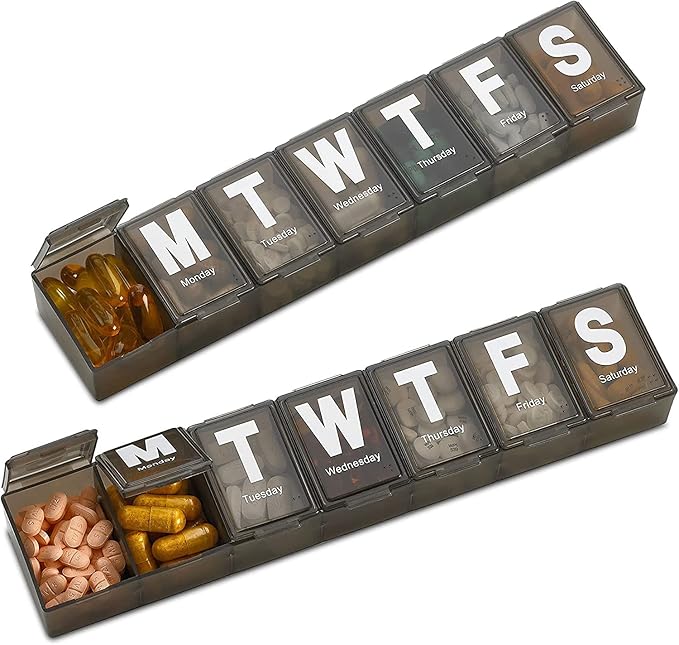 Weekly Pill Organizer - (Pack of 3) Extra Large Vitamin Container with Jumbo Easy to Read Letters, BPA Free - Daily Travel 7 Day Medication Pill Box Case, (Black)
