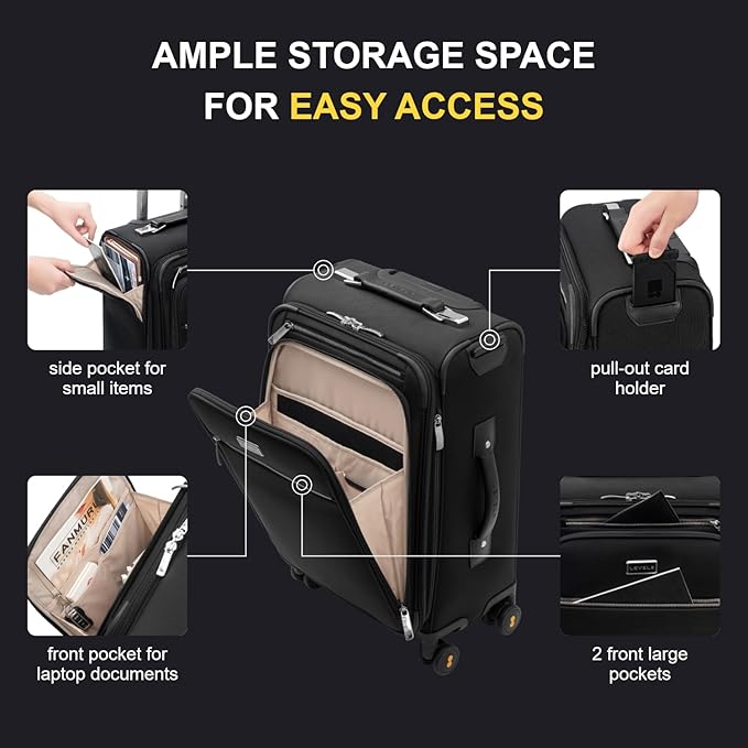LEVEL8 Carry On Luggage with Compartment, 20 Inch Softside Expandable Travel Rolling Suitcase with Spinner Wheels, Tsa Locks, Men and Women, Black