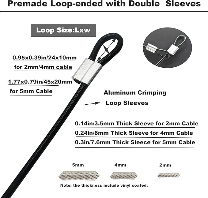 10 Pcs 5mm Wire 12 inch Vinyl Coated Stainless Steel Cable with Loops Short Wire Rope Lanyard Lock Security Chain Link for Outdoor Gates, Black(5mm x 12 inch)