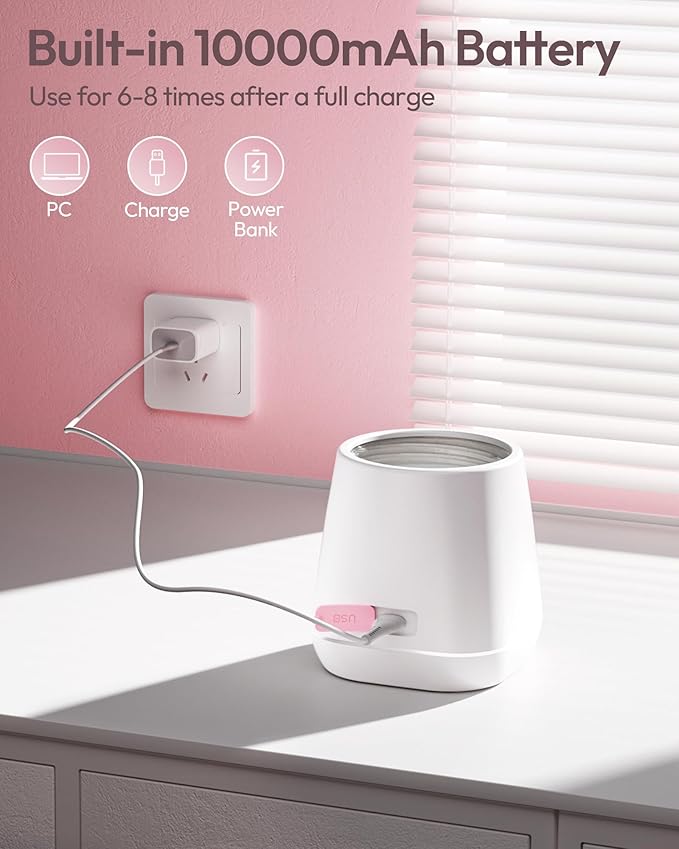 Portable Bottle Warmer, w-maxa Fast Baby Bottle Warmer for Travel with Glass Bottle & 4 Adapters, Rechargeable Bottle Warmer On The Go with Precise Temperature Control for Breastmilk, Formula