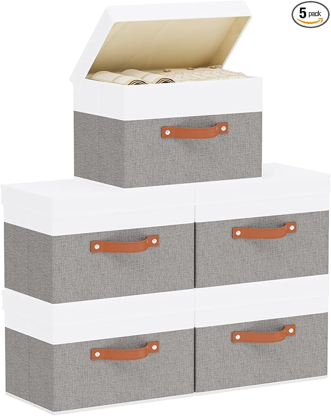 Fabric Storage Bins with Lids, 5 Pack Linen Foldable Cloth Baskets, 15 x 9.8 x 9.8 Inch Closet Organizer Containers with Double Handles, Sweater Boxes for Bedroom, White and Grey