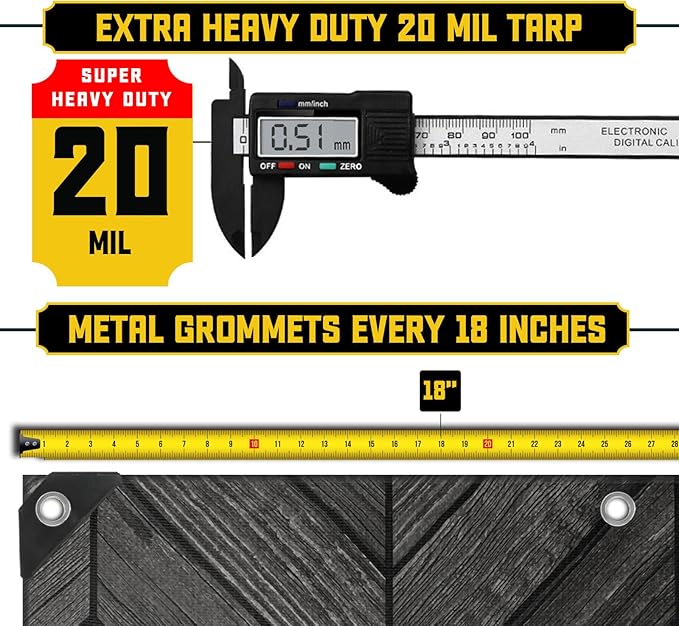 Core Tarps Extreme Heavy Duty 20 Mil Tarp Cover, Waterproof, UV Resistant, Rip and Tear Proof, Poly Tarpaulin with Reinforced Edges for Roof, Camping, Patio, Pool, Boat (Grey Wood/Black 9′ X 12′)