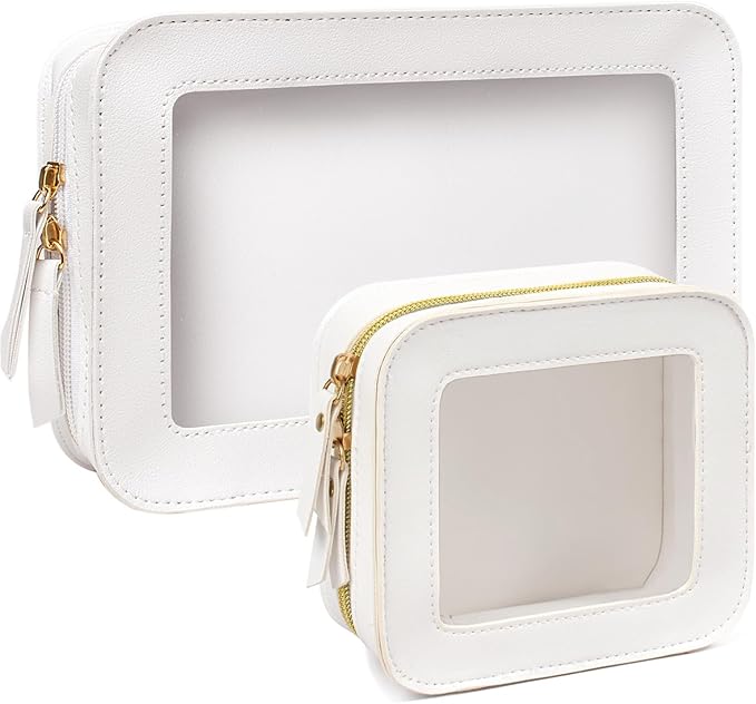 2 Pcs Clear Makup Bag Set, Small Travel Cosmetic Case Waterproof Clear Cosmetic Bags with Zipper Cute Make Up Bag Pouch Mini Car Essentials for Women Travel Car Organizer (White Set)