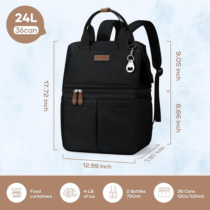 Maelstrom Cooler Backpack, 36 Cans Insulated Backpack Cooler, Soft Leakproof Double Deck Cooler Bag, Lightweight Lunch Backpack for Men & Women,Perfect for Beach Travel, Camping & Work-Black