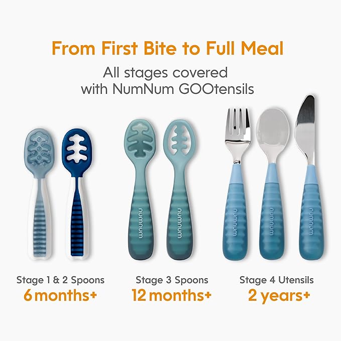 NumNum Baby Spoons Set, Baby Essentials Pre-Spoon GOOtensils for 6+ Months, First Stage Self-Feeding Spoons for Baby Led Weaning (BLW), Silicone Toddler Utensils, BPA-Free, 4 Pack Blue