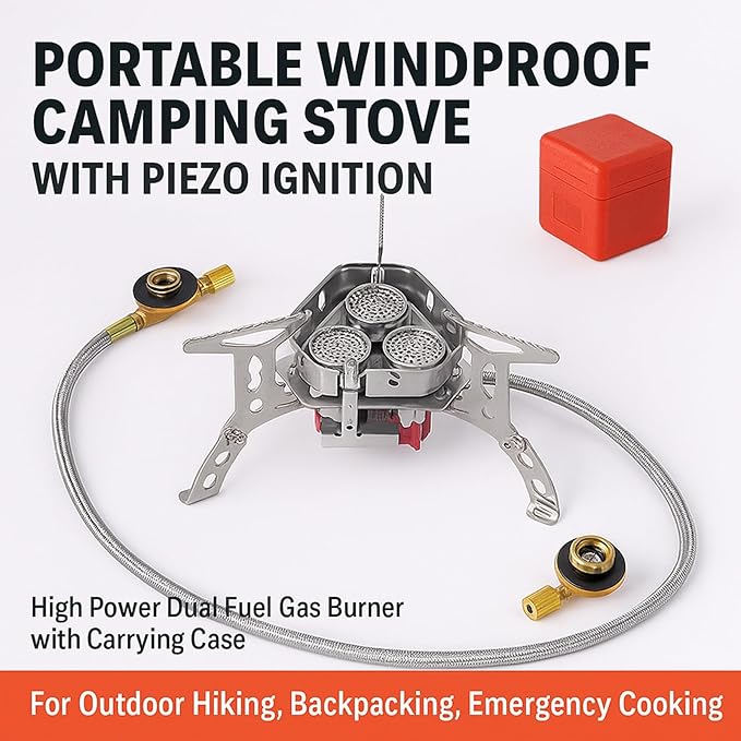 Windproof Camping Stove, Portable Camping Stove with Piezo Ignition, Collapsible Design with Carrying Casefor Outdoor Hiking, Backpacking, Picnic & Emergency Cooking (5200W)