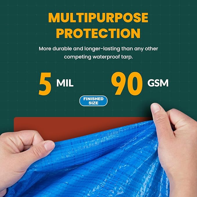Large Waterproof Tarp - Heavy Duty 5 Mil Thick Poly Tarpaulin Ideal for Canopy Tents, Boats, RV or Pool Covers - Multipurpose Protective Tarps with Grommets for Indoor and Outdoor Use | 24' x 24'