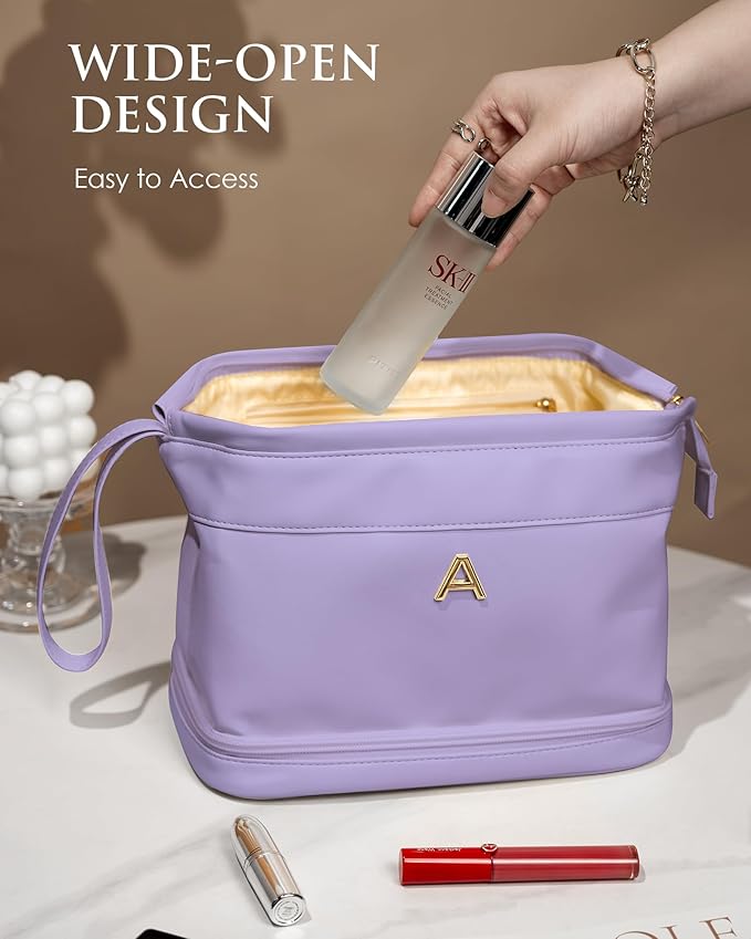 Bridesmaid Gifts for Women, Initial Makeup Bag, Personalized Double Layer Cosmetic Bag with Makeup Brush Organizer, Large Capacity PU Leather Travel Toiletry Bag, Personalized Teacher Gifts