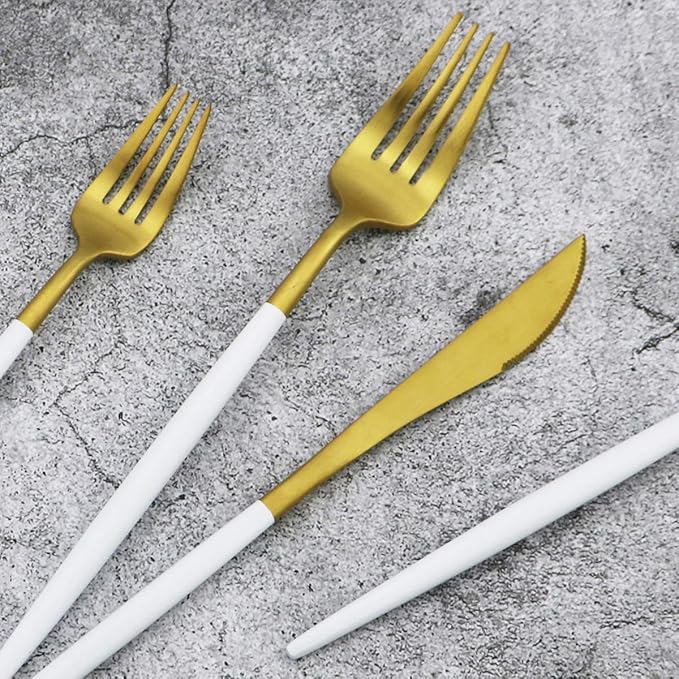 Gugrida 20-Piece 18/10 Stainless Steel Flatware Silverware, Luxury Dinnerware Set Travel Cutlery Tableware Include Knife Fork Spoon Service for 4, Dishwasher Safe (White Handle Matte Gold)