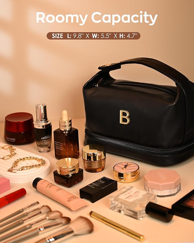 Teacher Appreciation Gifts, Personalized Makeup Bag with Handle, Initial Double Layer Cosmetic Bag with Makeup Brush Organizer, PU Leather Travel Toiletry Bag, Gifts for Friends Female Mom