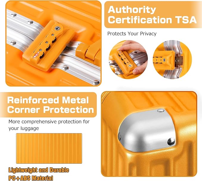 AnyZip Luggage Aluminium Frame Suitcase Hard Shell TSA Lock No Zipper 28In Orange