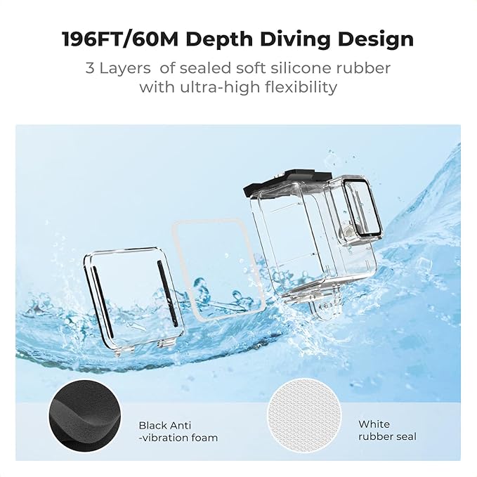 K&F Concept 60M/196FT Waterproof Case for GoPro Hero 13 Black, Protective Underwater Diving Housing for Go Pro 12/11/10/9 Black Accessories,Waterproof Action Camera Shell