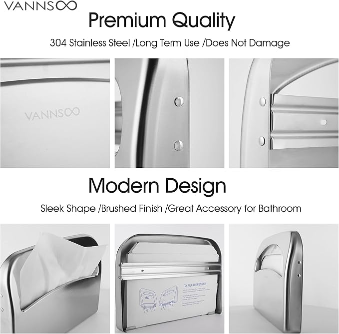Toilet Seat Cover Dispenser - Stainless Steel Wall Mount Toilet Seat Cover Holder for Commercial Bathroom, 250 Single or Half Fold Seat Covers Capacity (Brushed)