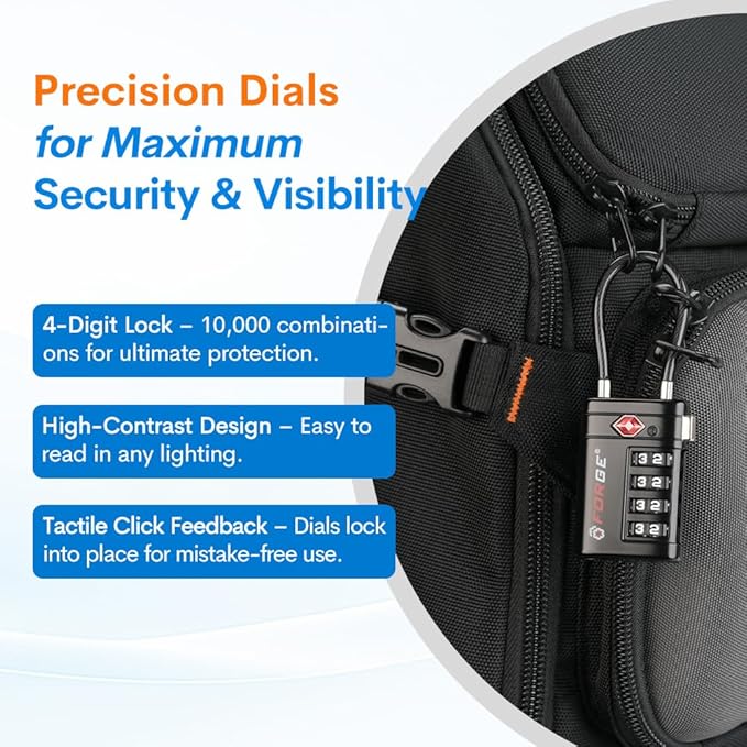 Forge TSA Approved Luggage Locks 4 Digit Combination TSA Travel Locks with TSA008, Open Alert Indicator, Zinc Alloy Body for Luggage, Suitcase, Backpack, and More. Black 2 Locks.