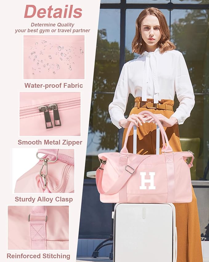 Initial Travel Duffel Bag Sports Gym Bag for Girls Teen Birthday Gifts,Pink Personalized Weekender Bag Carry On Tote Bags for Women Men,Waterproof Overnight Luggage Bag with Trolley Sleeve(Letter H)