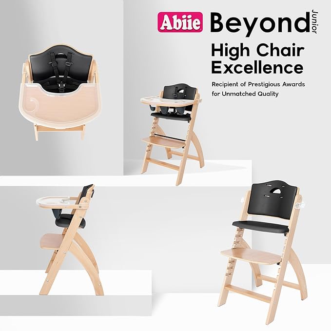 Abiie Beyond Junior Wooden High Chair with Tray - Adjustable and Convertible High Chair for Babies and Toddlers - 6 Months to 250 Lb - Water Resistant - Natural Wood with Black Pearl Cushion