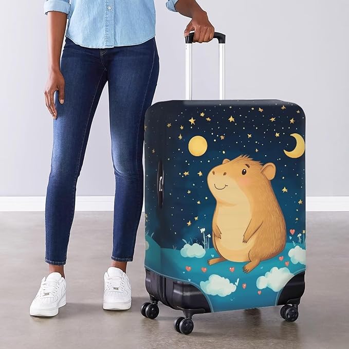 Capybara Suitcase Cover Cute Luggage Cover Protector Invisible Zipper Closure Travel Luggage Protector Fit 18-21 Inch Anti-Scratch Stretchable Suitcase Protector, Moon and Star