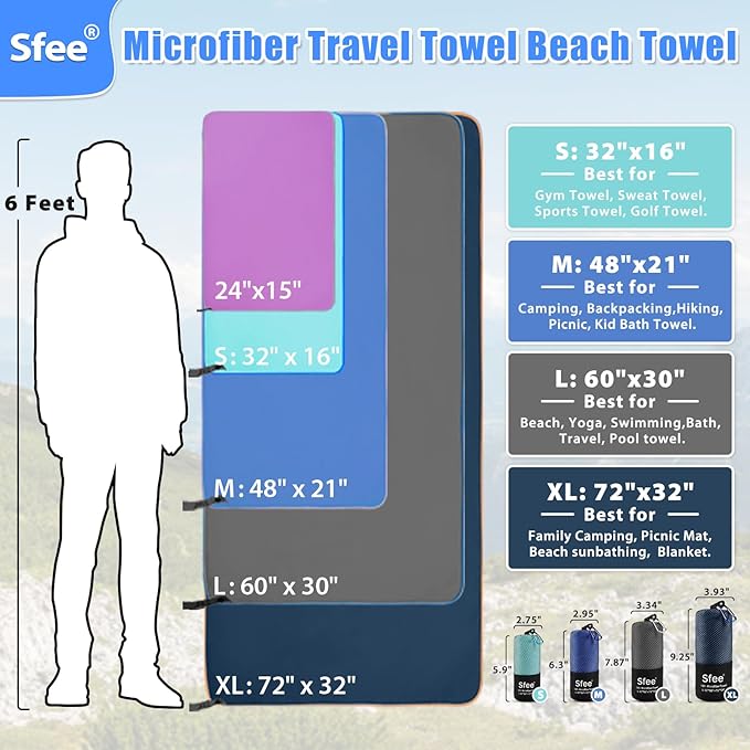 Sfee 2 Pack Microfiber Travel Towel, Quick Dry Beach CampingTowel Super Absorbent Compact Lightweight Sport Gym Towels for Beach, Gym, Hiking, Pool, Backpacking, Bath, Yoga