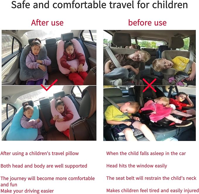 Travel Pillow Car Pillow Kid Car Sleeping The Sleeping Aid for Adults and Kids on Road Trips Sponge Kids Travel Pillow Provides Body and Head Support Sage Green