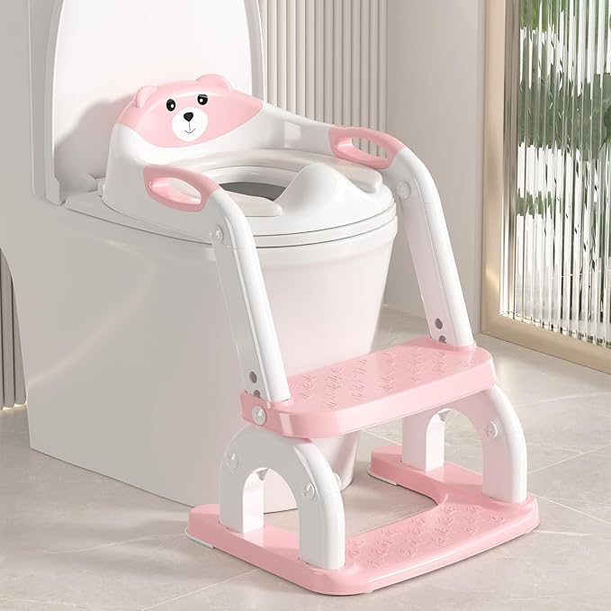 Potty Training Seat Upgraded 2-in-1 Potty Toilet for Kids Boys and Girls, Adjustable Step & Seat Height with Splash Guard Anti-Slip Pad Step Stool(White and Pink)