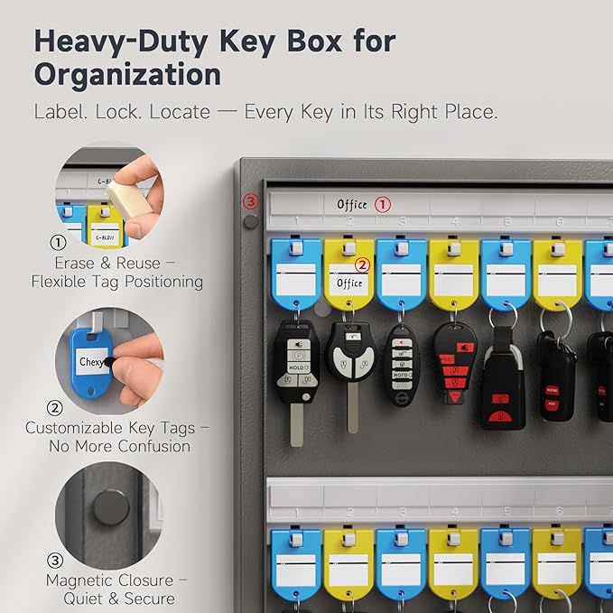 96 Key Lock Box, Key Cabinet Organizer, Key Safe Security Storage Lockbox Holder for Valets, Hotels, Car and House Keys, Key Keeper Box – Black