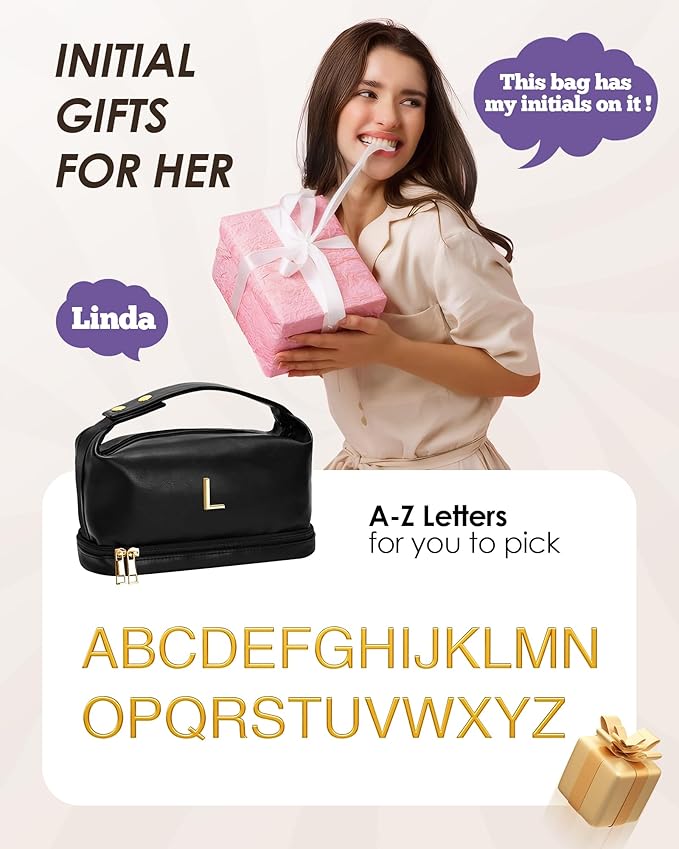 Birthday Gifts for Women, Personalized Makeup Bag with Handle, Initial Double Layer Cosmetic Bag with Makeup Brush Organizer, PU Leather Travel Toiletry Bag, Gifts for Friends Female Mom