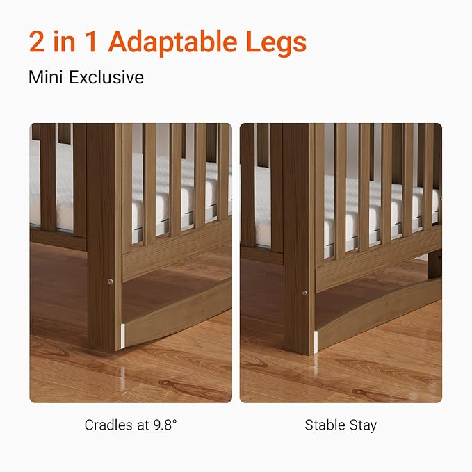 EvoNest Baby Crib, 6 in 1 Convertible Mini Crib with Wheels, 100% New Zealand Wood Growing Bed, 4 Adjustable Mattress Height，Walnut Brown