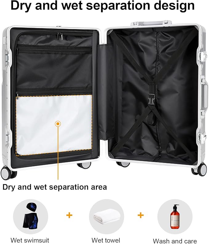Zipperless Luggage, Polycarbonate Aluminum Hard Shell, Expandable Carry-On Suitcase with Spinner Wheels, Hard Shell Suitcase, 24 Inch Cabin