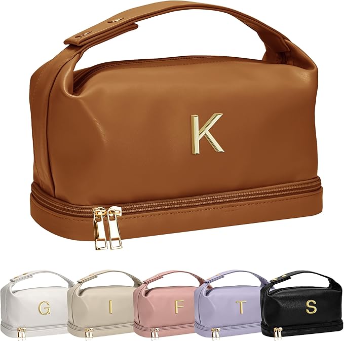 Gifts for Young Women, Personalized Makeup Bag with Handle, Initial Double Layer Cosmetic Bag with Makeup Brush Organizer, Cute Cosmetic Pouch for Women, Gifts for Friends Female Mom