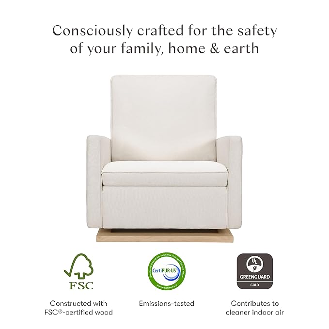 babyletto Cali Pillowback Chair and a Half Glider in Performance Cream Eco-Weave with Light Wood Base, Water Repellent & Stain Resistant, Greenguard Gold and CertiPUR-US Certified