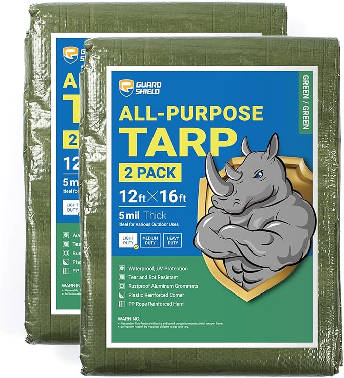 GUARD SHIELD Tarp Green 12x16 Feet Multi Purpose Waterproof Poly Tarp Cover 5mil (2-Pack)