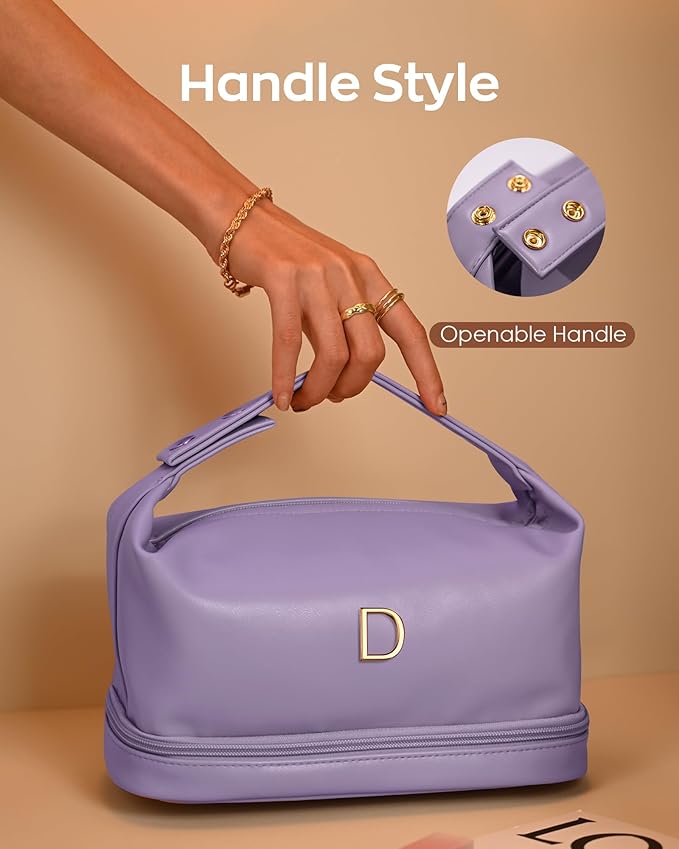 Birthday Gifts for Girls, Makeup Bags, Personalized Double Layer Cosmetic Bag with Makeup Brush Organizer, Gift for Her，PU Leather Travel Toiletry Bag, Travel Stuff for Girls