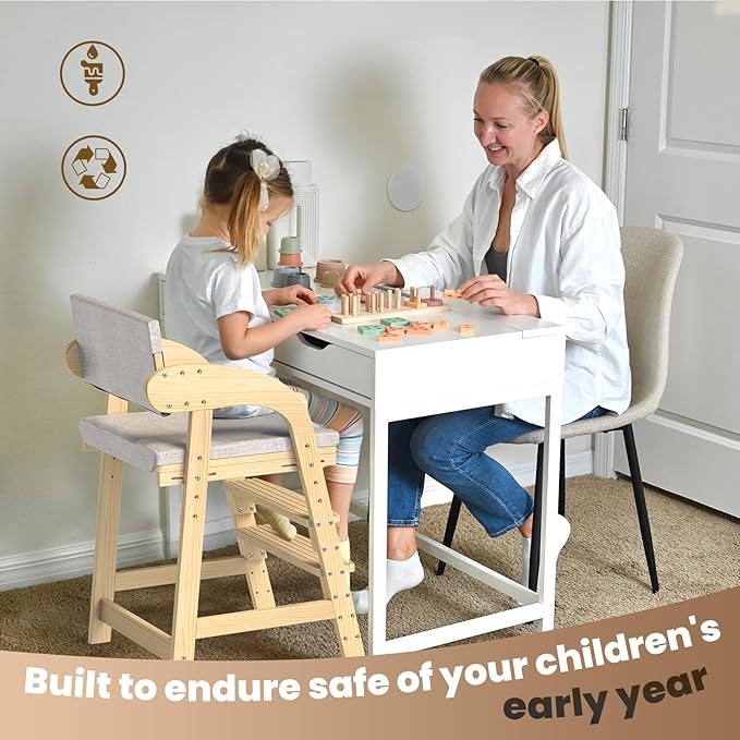 Easyego Wooden High Chair, Height Adjustment for Babies and Toddlers Aged 3-12, up to 130 lbs, Widened Foot Pedal as Steps for Kids Dining & Removable Washable Cushion (Natural)