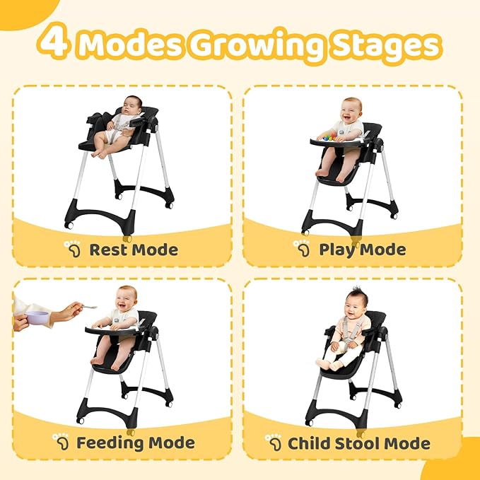 JOYMOR Foldable Baby High Chair, 4 in 1 Convertible Highchair for Eating, Height Adjustble and Multiple Recline, Compact Foldable Design for Easy Storage (Black)