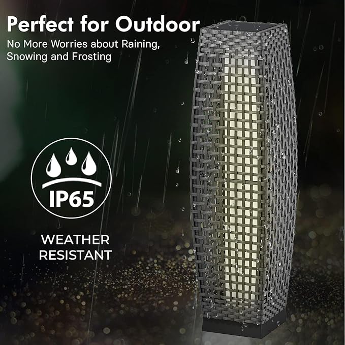 Grand patio Outdoor Floor Lamp Solar Powered Lantern Water-Resistant Wicker Deck Light for Garden or Porch -Large Fuji, Silver Gray