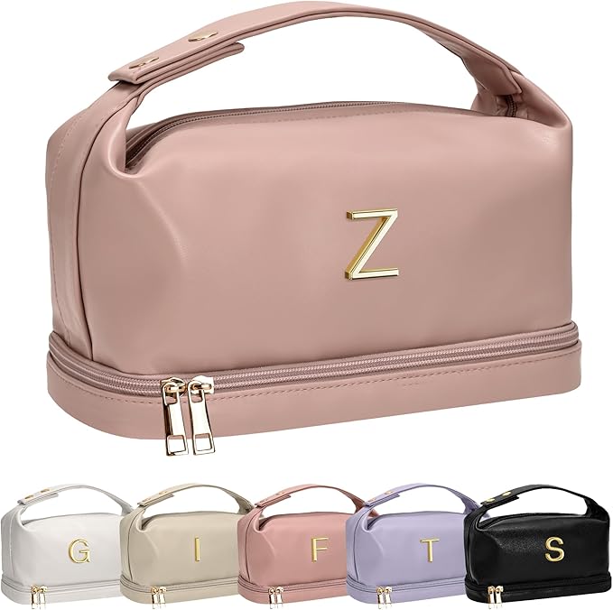 Makeup Bag Personalized Bags with Handle, Waterproof Double Layer Cosmetic Bag, Large Capacity PU Leather Makeup Bags Letter Travel Toiletry Bag with Makeup Brush Organizer